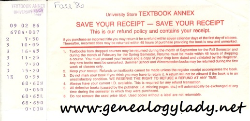 UMASS - Book receipt, 1986 (Fall)